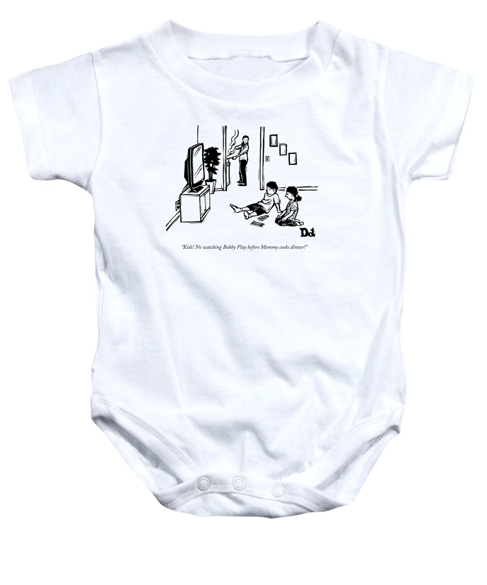 Cooking Shows Baby Onesie featuring the drawing A Mother, Cooking In The Kitchen, Hollers by Drew Dernavich