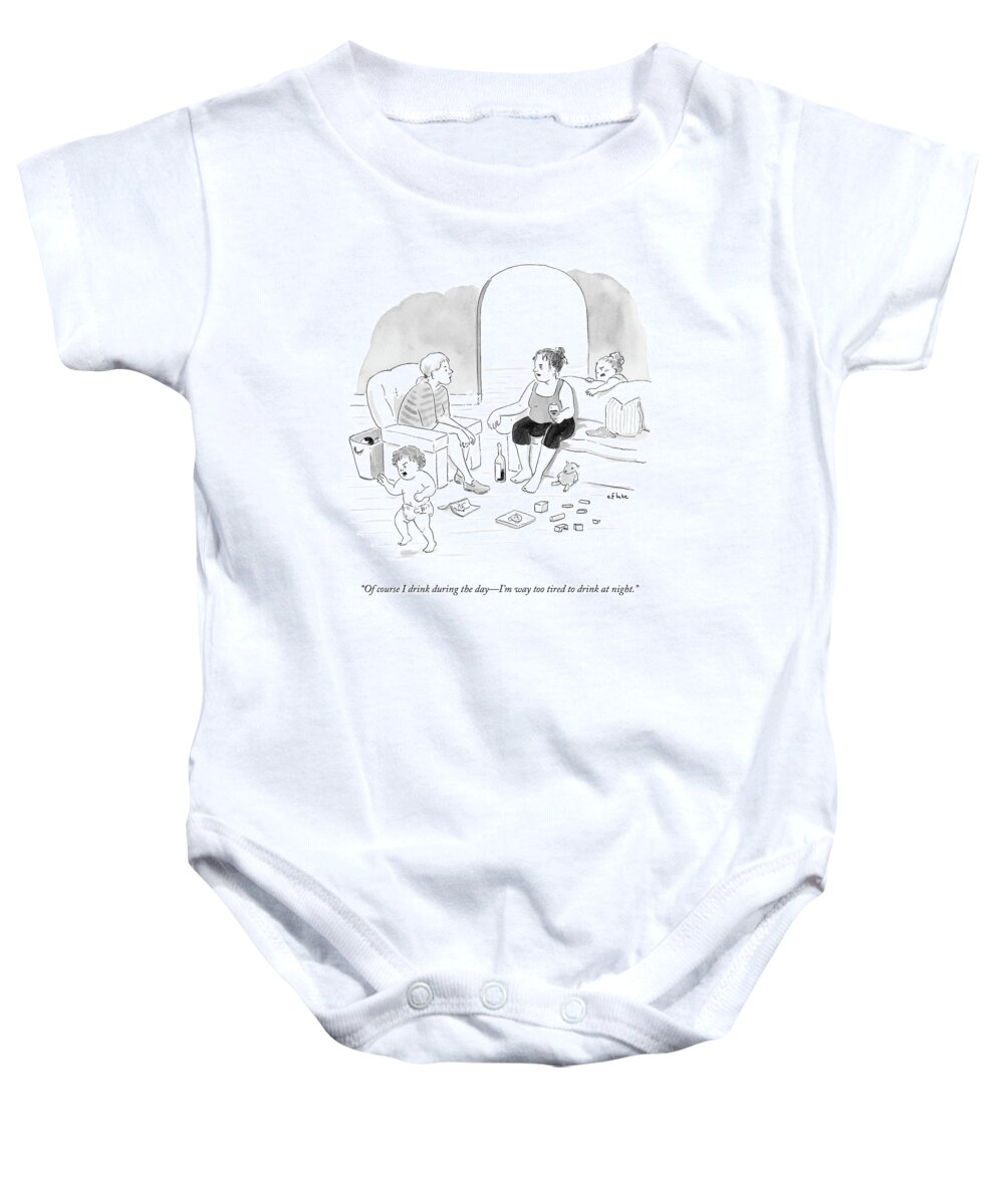 Parenting Baby Onesie featuring the drawing A Mother Of A Toddler Drinks Wine And Talks by Emily Flake