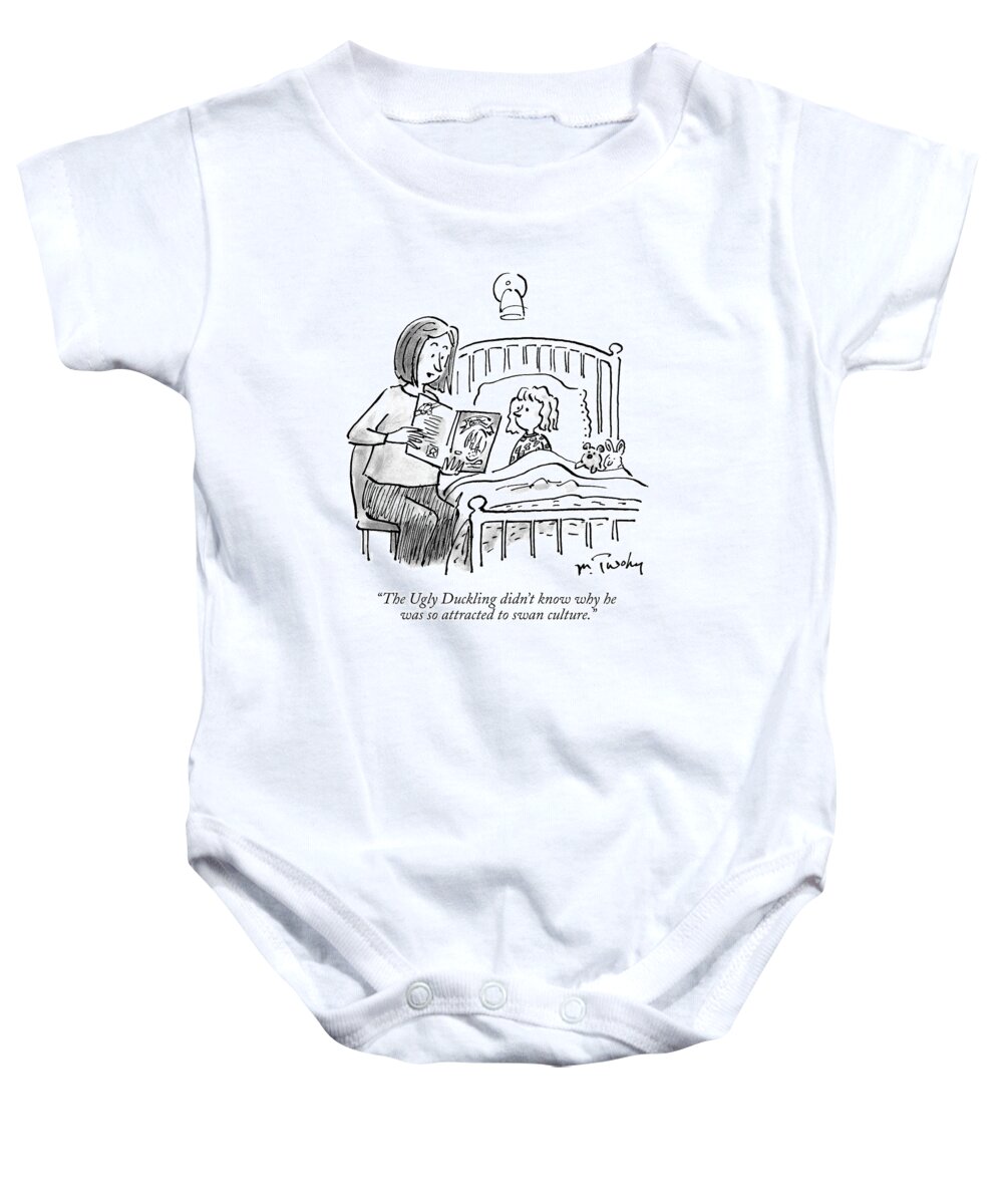 Ugly Duckling Baby Onesie featuring the drawing A Mother Reads A Bedtime Story To Her Daughter by Mike Twohy