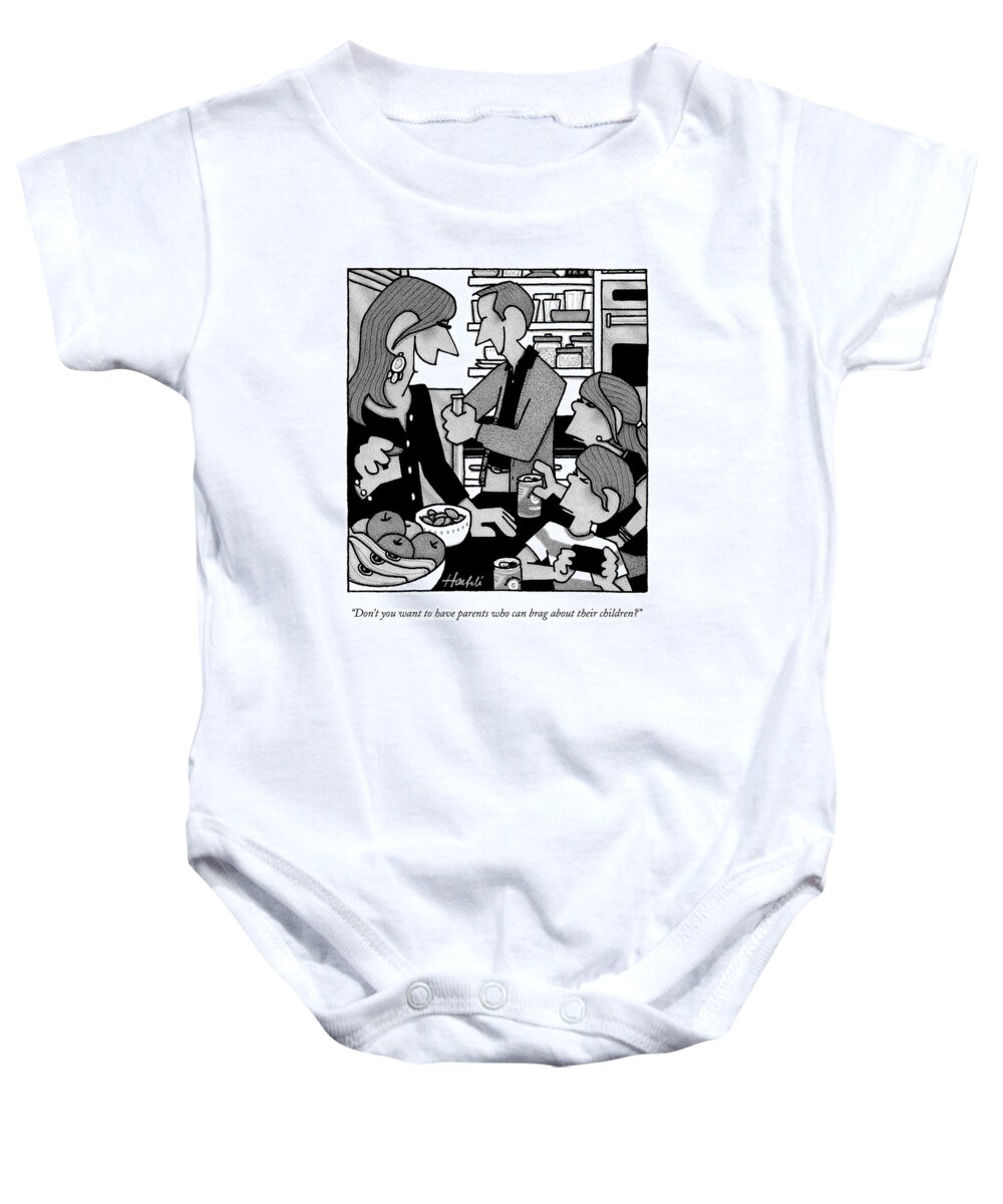 Parents Baby Onesie featuring the drawing A Mother Stands In A Kitchen Next To Her Husband by William Haefeli