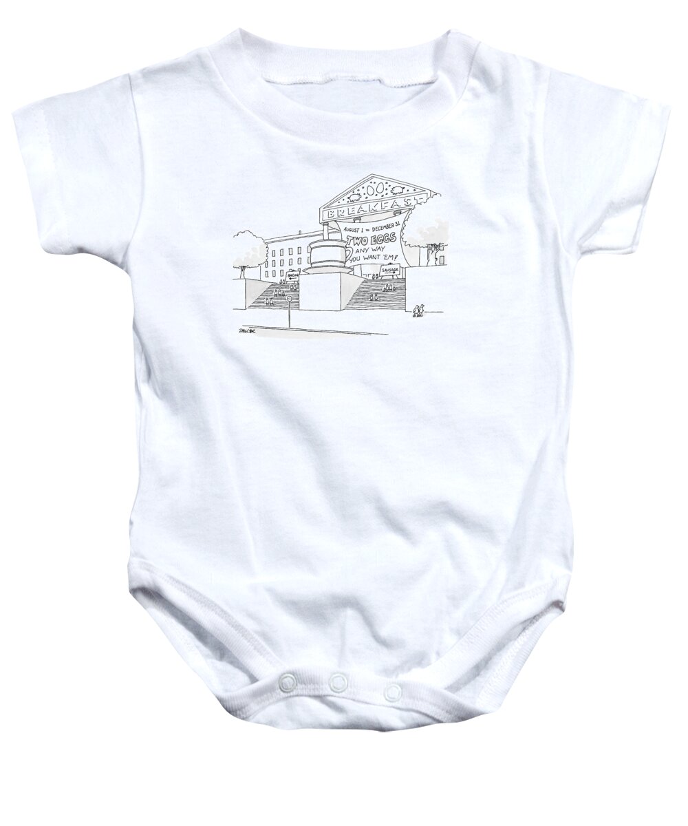 Breakfast Baby Onesie featuring the drawing A Museum-like Building Is Dedicated To Breakfast by Jack Ziegler