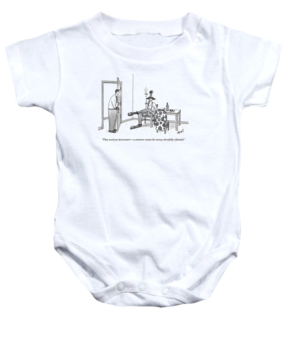 Refund Baby Onesie featuring the drawing A Normal-looking Man In A Suit Addresses A Clown by Tom Cheney
