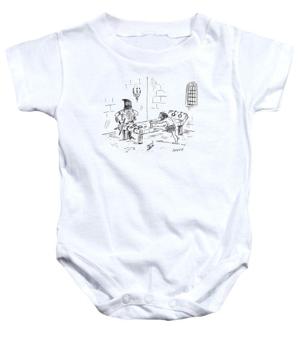 Athletes Baby Onesie featuring the drawing A Prisoner Is Seen Stretching On A Torture Rack by David Sipress