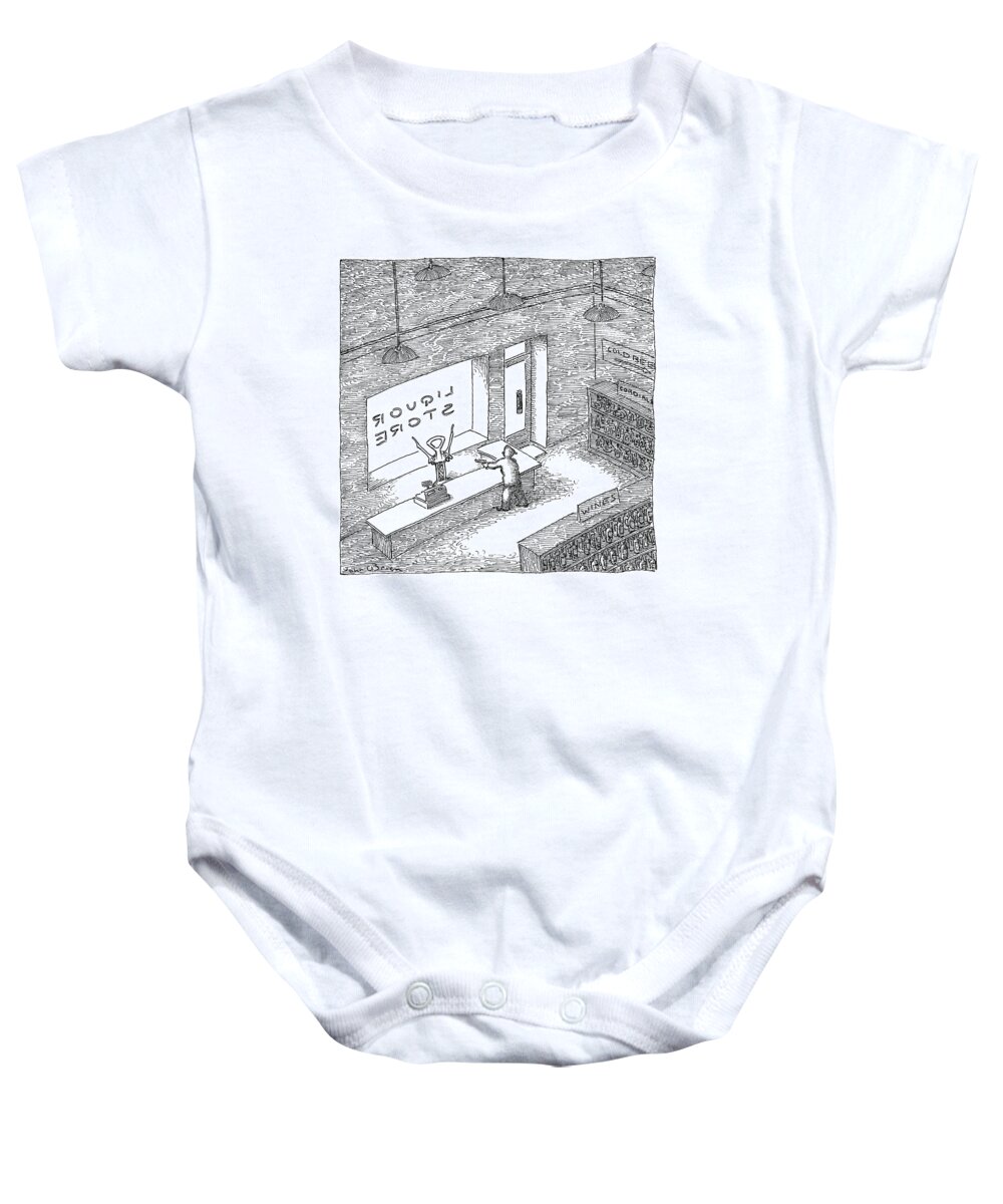 Liquor Store Baby Onesie featuring the drawing A Robber Holds Up A Liquor Store. The Clerk by John O'Brien
