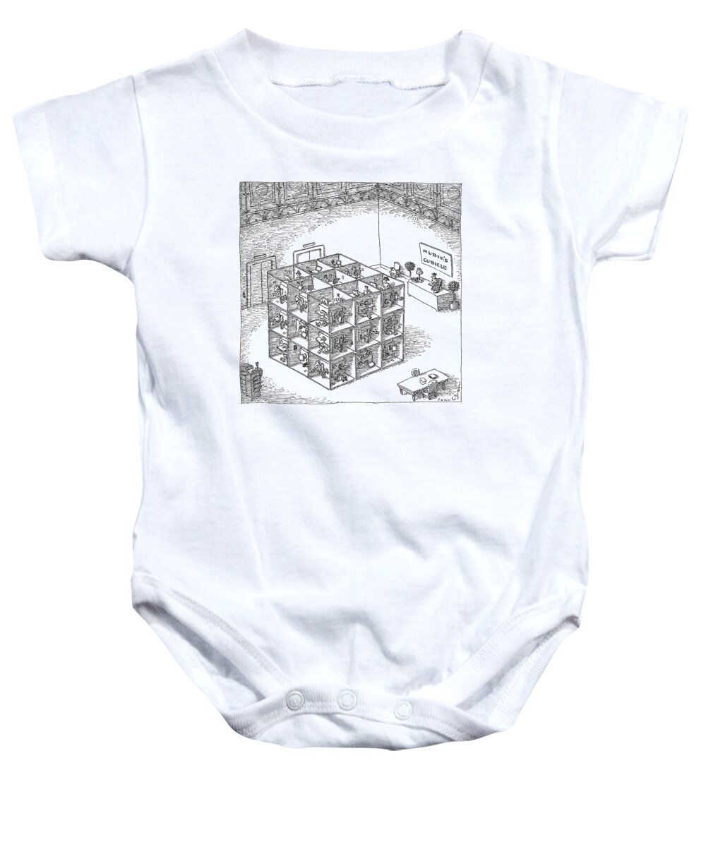 Captionless. Sign: Baby Onesie featuring the drawing A Rubik's Cube Comprised Of Cubicles With Workers by John O'Brien