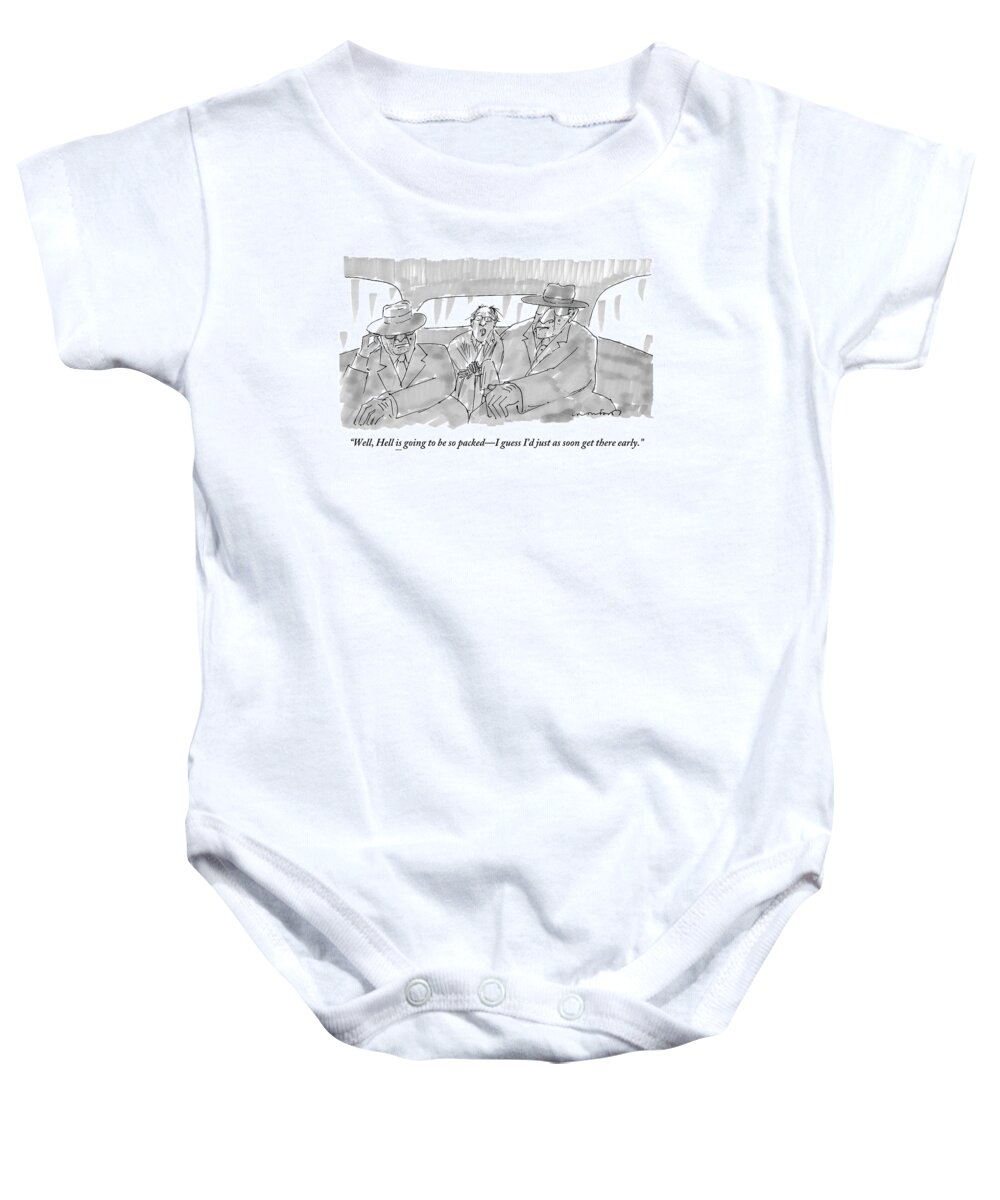 Mafia Baby Onesie featuring the drawing A Scared-looking Man Sits In The Back Of A Car by Michael Crawford