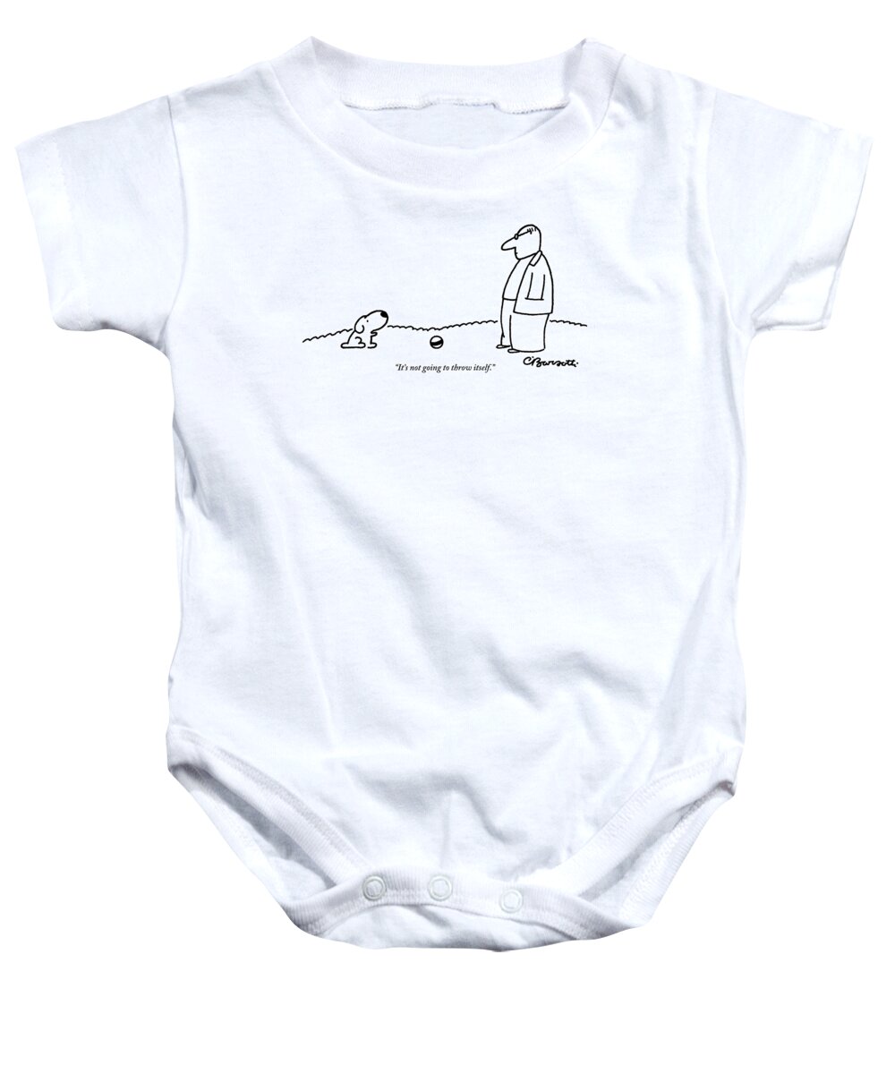 Balls Baby Onesie featuring the drawing A Small Dog Sits A Short Distance Away by Charles Barsotti