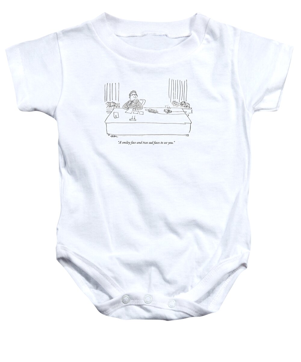 
(from Exec's Intercom)
Business Baby Onesie featuring the drawing A Smiley Face And Two Sad Faces To See You by Dean Vietor