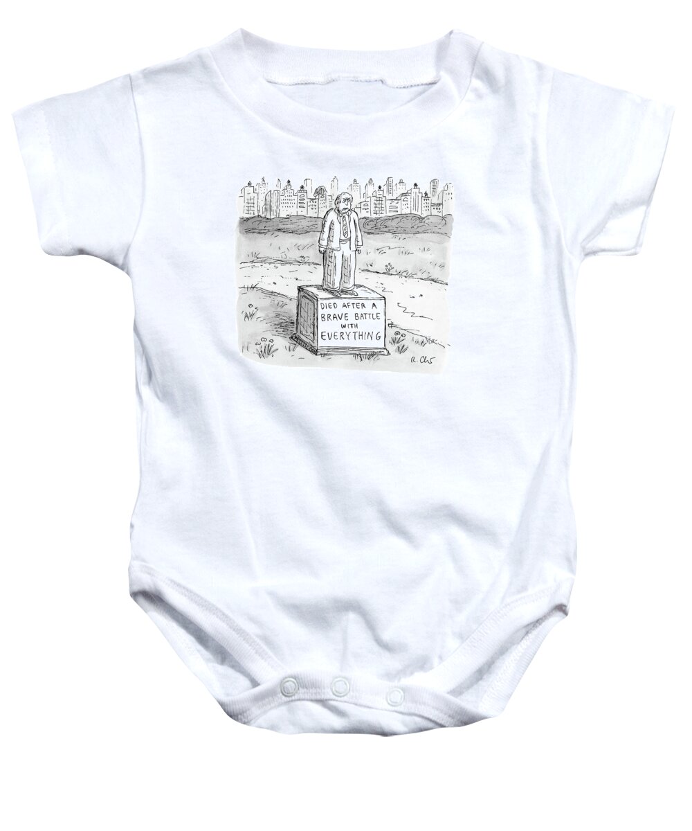Captionless Baby Onesie featuring the drawing A Statue Of A Man Reading by Roz Chast