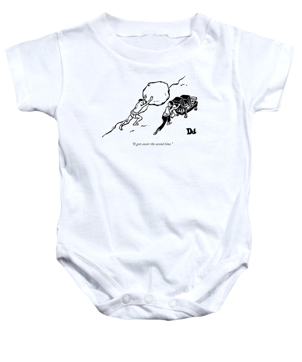Cctk Baby Onesie featuring the drawing A Strong-man Is Pushing A Boulder Up A Hill. Next by Drew Dernavich