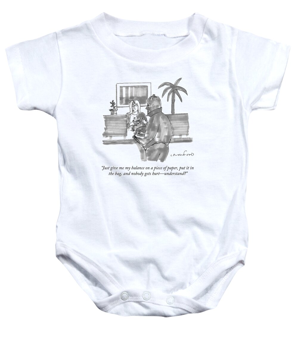 Bank Baby Onesie featuring the drawing A Threatening-looking Man In A Mask Addresses by Michael Crawford