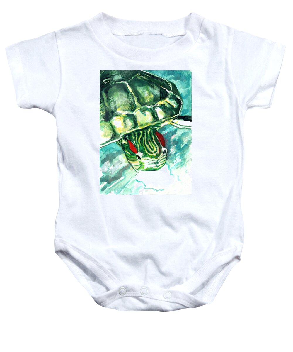 Turtle Baby Onesie featuring the painting A Turtle Who Likes To Eat Fish by Rene Capone