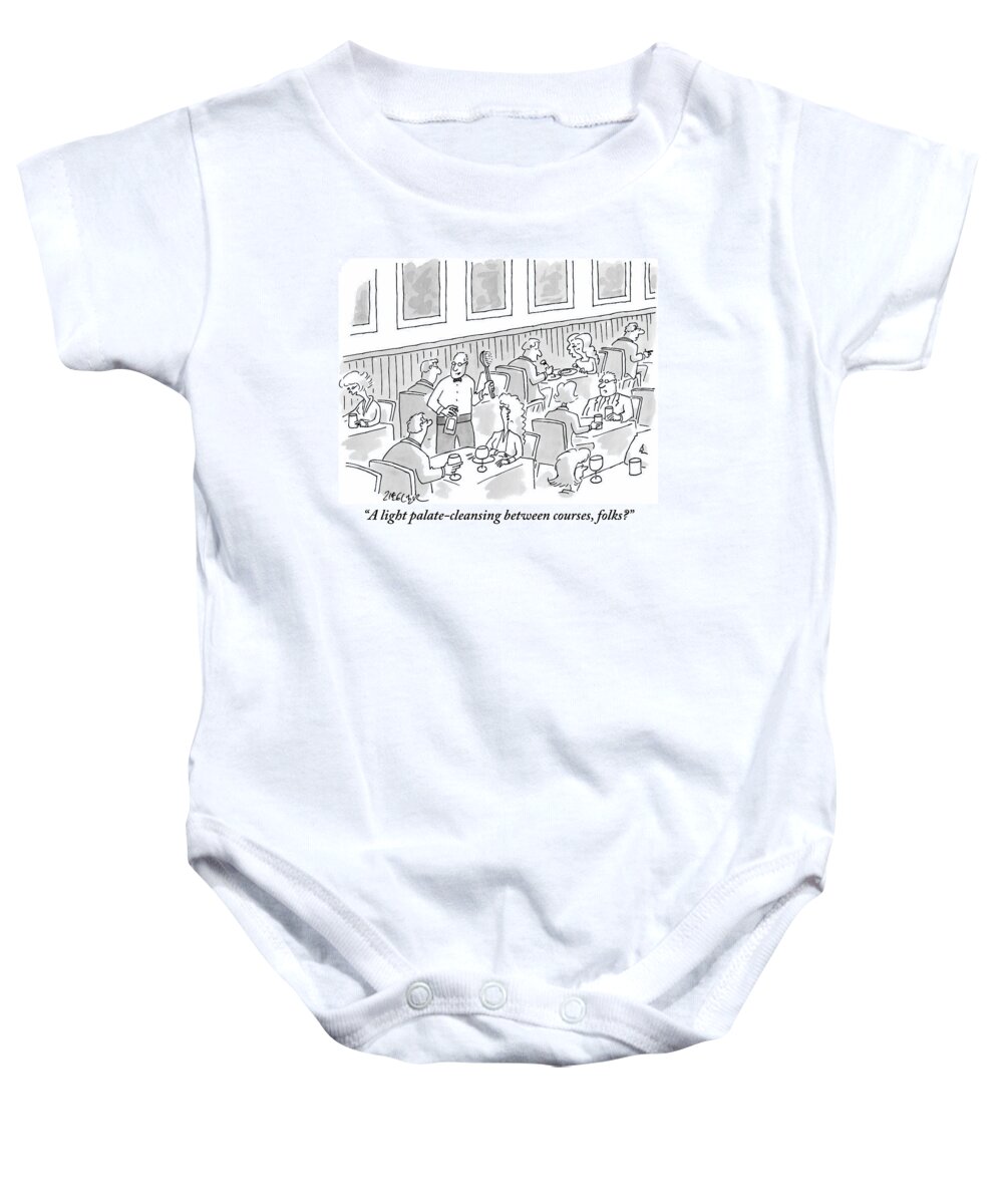 Waiters Baby Onesie featuring the drawing A Waiter Stands Over A Couple's Table by Jack Ziegler