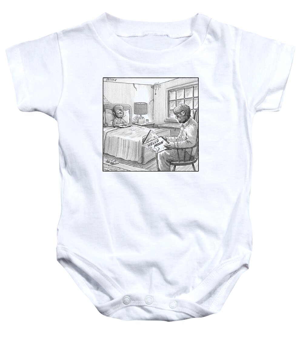 Captionless Baby Onesie featuring the drawing A Werewolf Father Is Reading His Werewolf Son by Harry Bliss