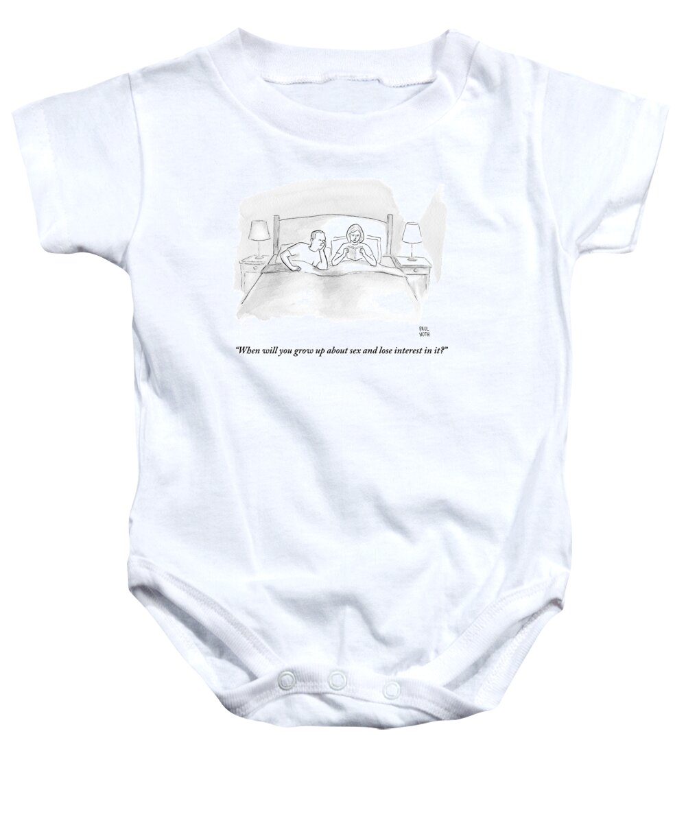 Bedroom Scenes Baby Onesie featuring the drawing A Wife Speaks To Her Husband In Bed by Paul Noth
