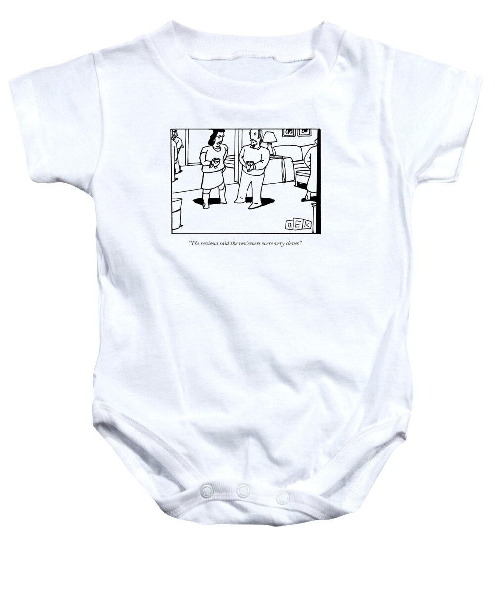 Theatre Baby Onesie featuring the drawing A Woman And Man Converse At A Cocktail Party by Bruce Eric Kaplan