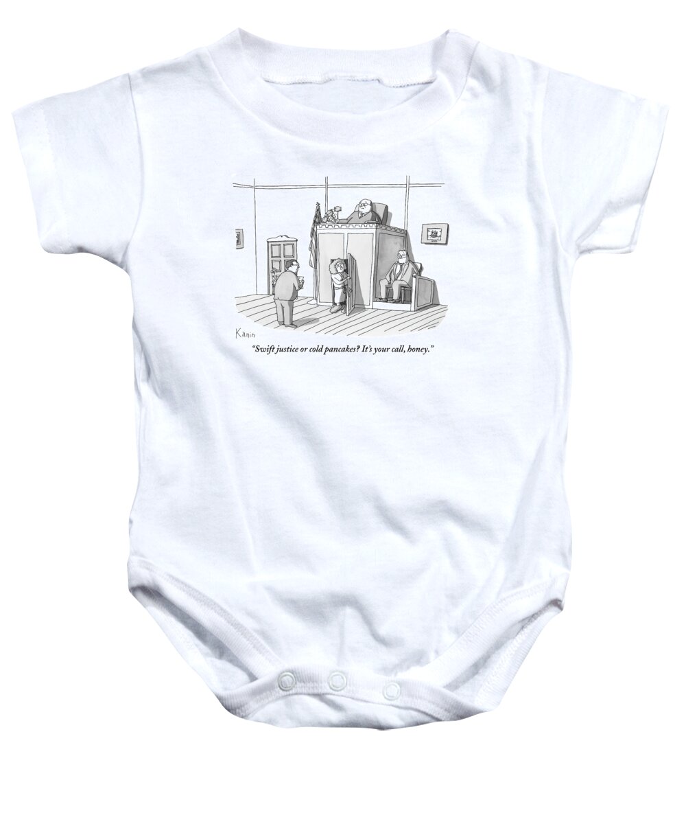 Courtroom Scenes Baby Onesie featuring the drawing A Woman Dressed In A Bathrobe And Slippers by Zachary Kanin