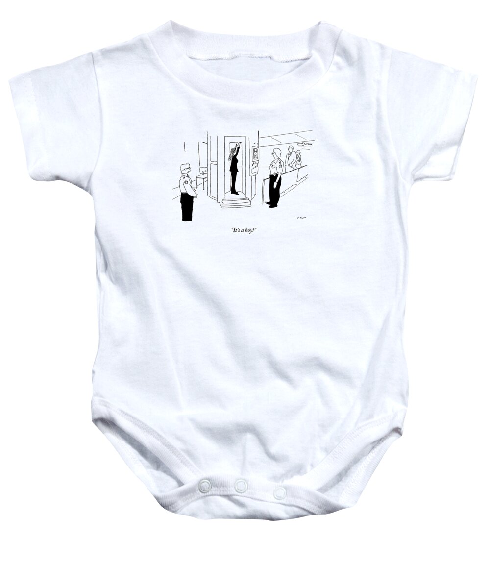 Airport Baby Onesie featuring the drawing A Woman Hold Her Arms Up To Get An X-ray In An by Michael Shaw