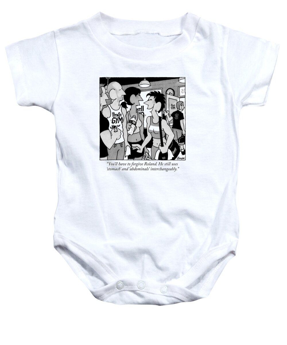 Exercise Baby Onesie featuring the drawing A Woman In Gym Clothing Speaks To A Group by William Haefeli