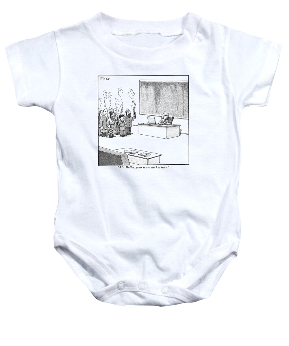 Mob Baby Onesie featuring the drawing A Woman Is Sitting At A Desk With A Torch-bearing by Harry Bliss