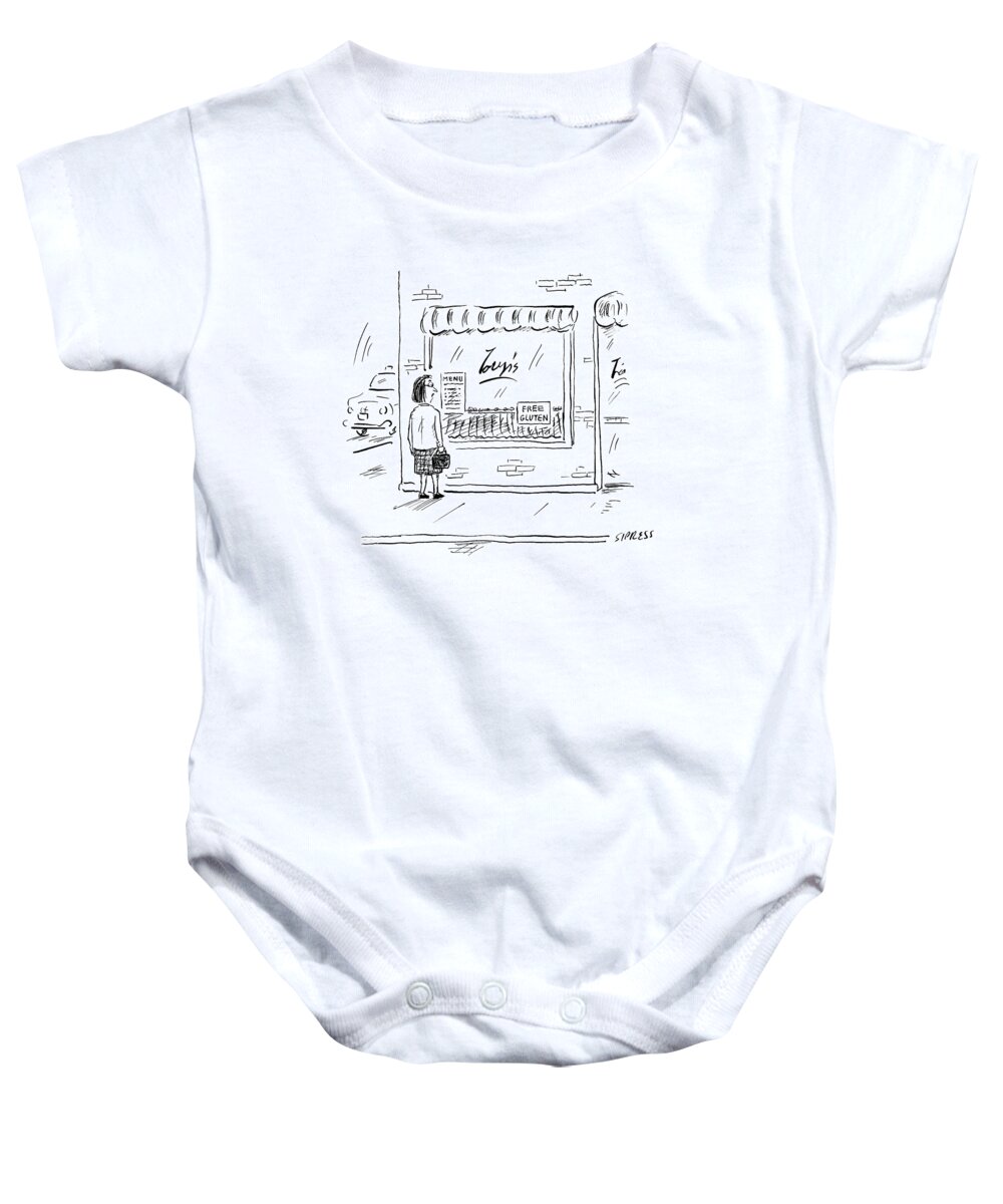 Gluten Baby Onesie featuring the drawing A Woman Looks Into A Restaurant Window That by David Sipress
