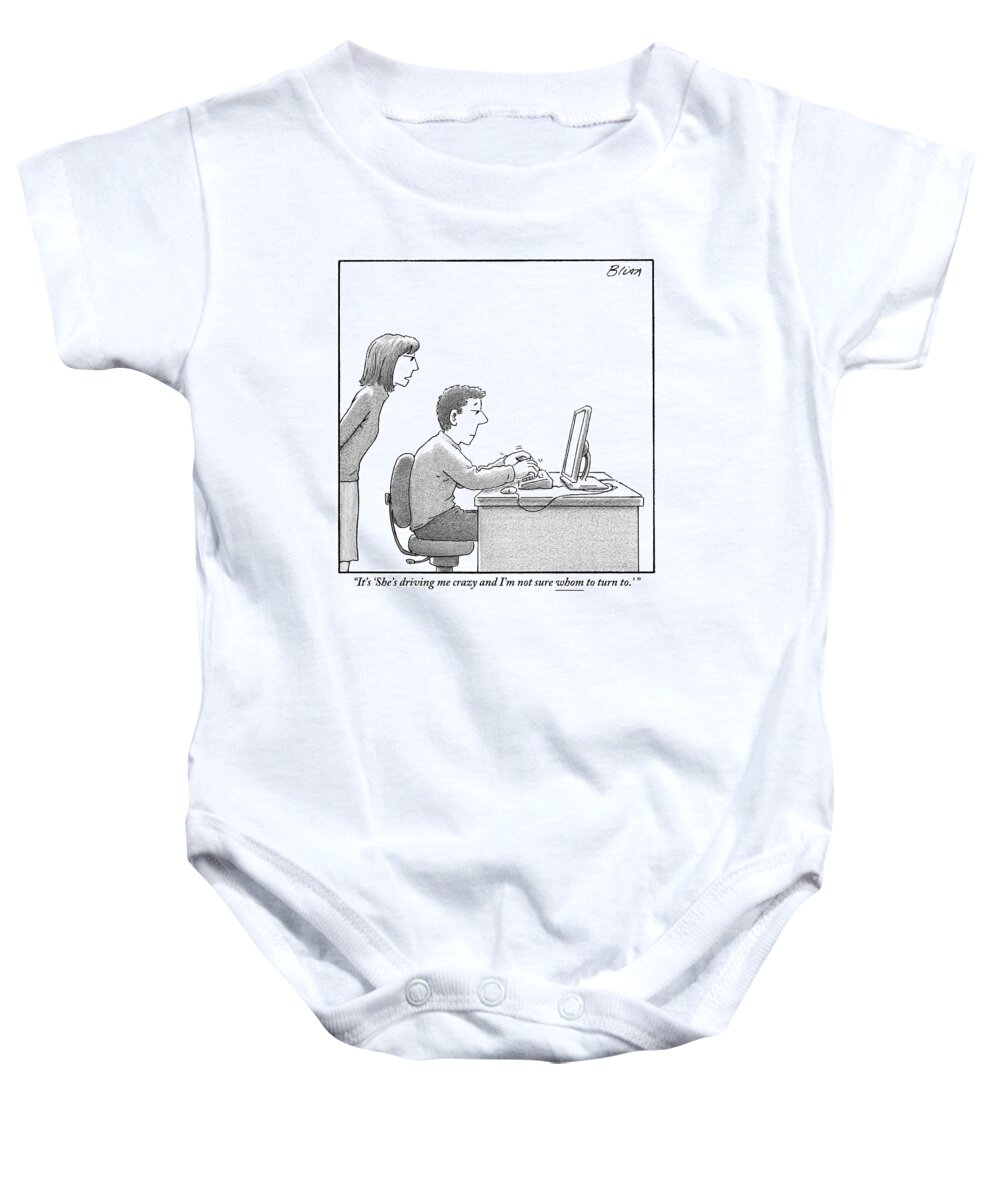 Computer Baby Onesie featuring the drawing A Woman Looks Over Her Husband's Shoulder by Harry Bliss