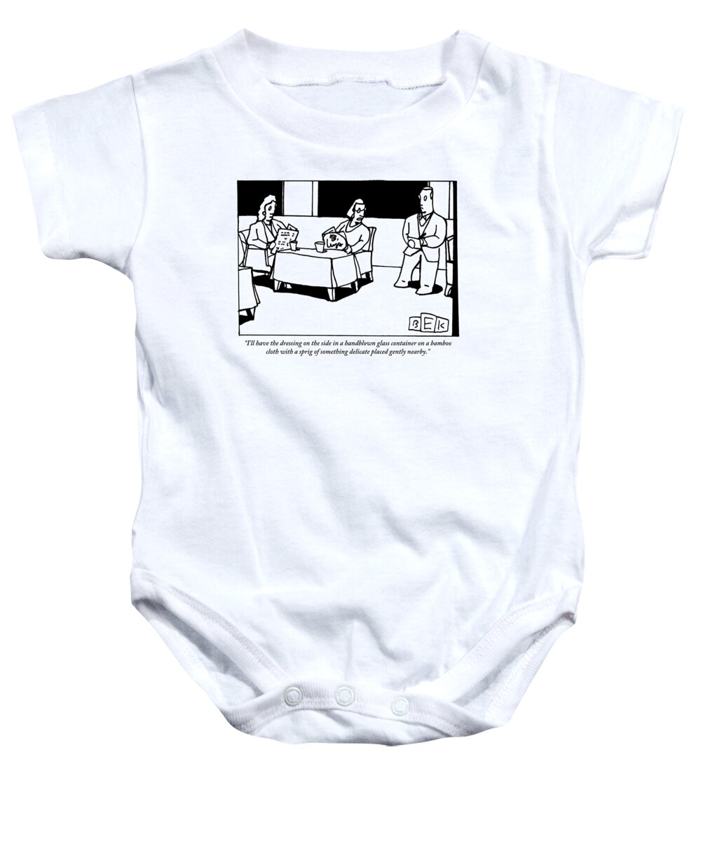 Waiters Baby Onesie featuring the drawing A Woman Orders At A Restaurant by Bruce Eric Kaplan