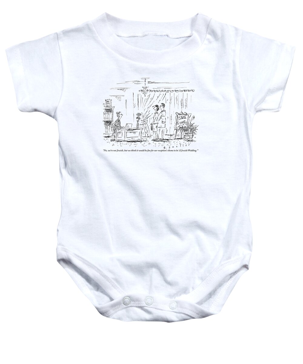 Jewish Baby Onesie featuring the drawing A Woman Stands With Her Fiancee At The Desk by Barbara Smaller