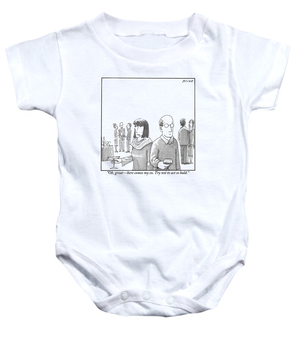 Bald Baby Onesie featuring the drawing A Woman Whispers To Her Bald Husband by Harry Bliss