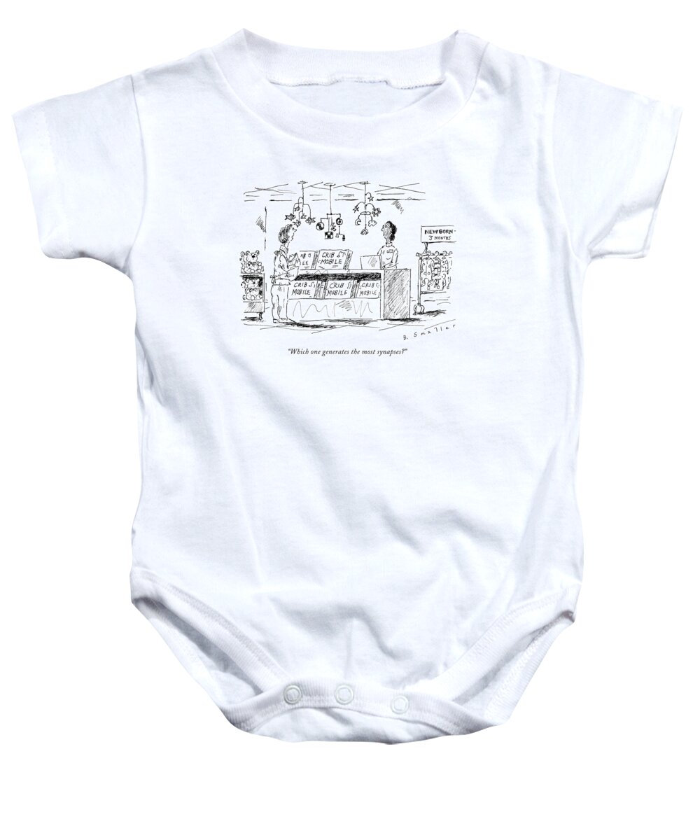 Baby Baby Onesie featuring the drawing A Woman With A Baby Shops For A Baby Mobile by Barbara Smaller