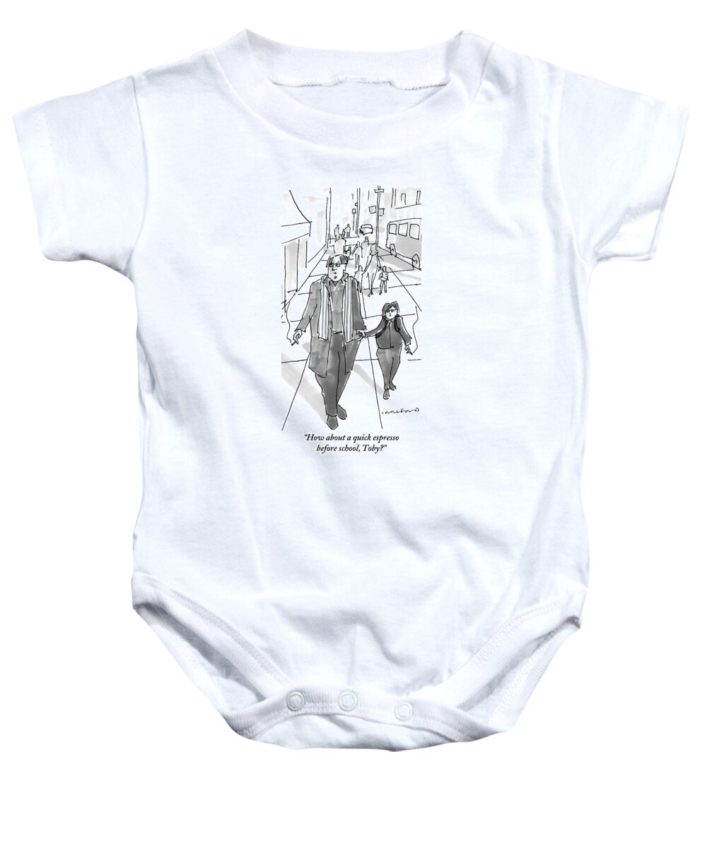 Yuppies Baby Onesie featuring the drawing A Yuppie Father And Son Walk Hand In Hand Smoking by Michael Crawford
