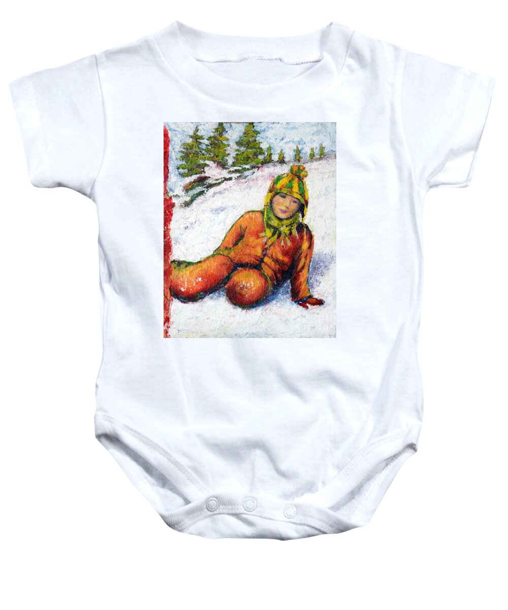 Snow Baby Onesie featuring the painting After playing in the snow by Elaine Berger