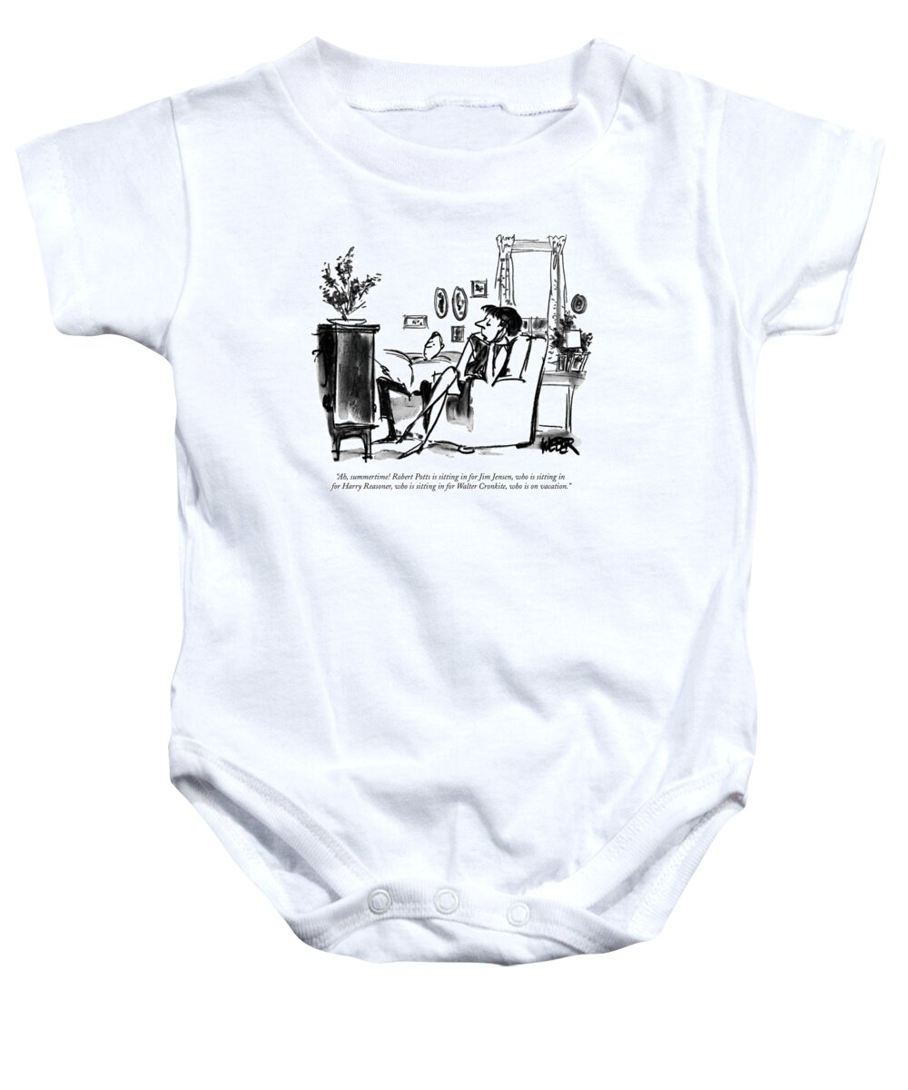 
(woman Sitting In Living Room Llistening To Television Announcer.)celebrities Baby Onesie featuring the drawing Ah, Summertime! Robert Potts Is Sitting by Robert Weber