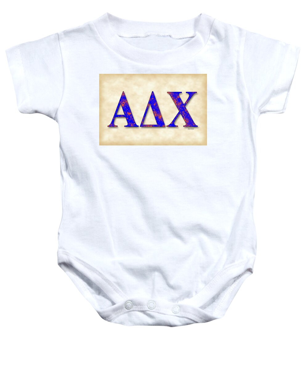 Alpha Delta Chi Baby Onesie featuring the digital art Alpha Delta Chi - Parchment by Stephen Younts