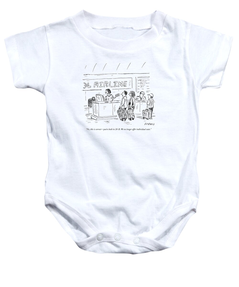 Airlines Baby Onesie featuring the drawing An Airline Concierge Checks The Computer For Two by David Sipress