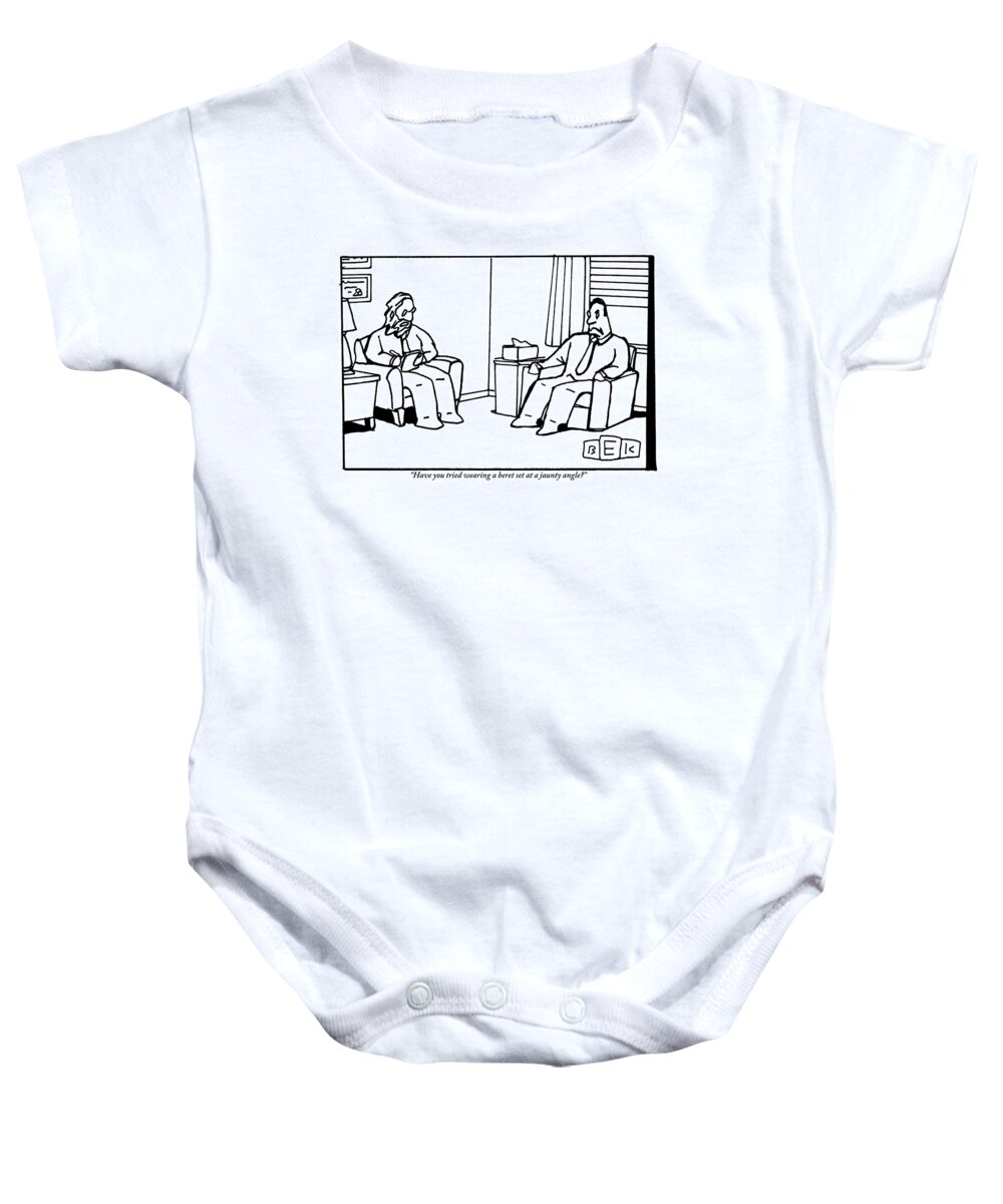 Berets Baby Onesie featuring the drawing An Analyst Addresses His Patient by Bruce Eric Kaplan
