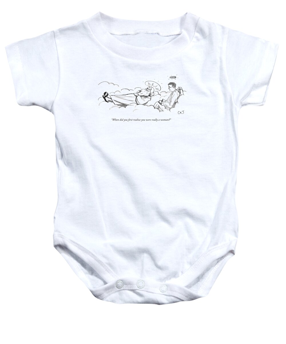 Cctk Heaven Baby Onesie featuring the drawing An Angel Therapist Takes Notes As God Lays by Carolita Johnson