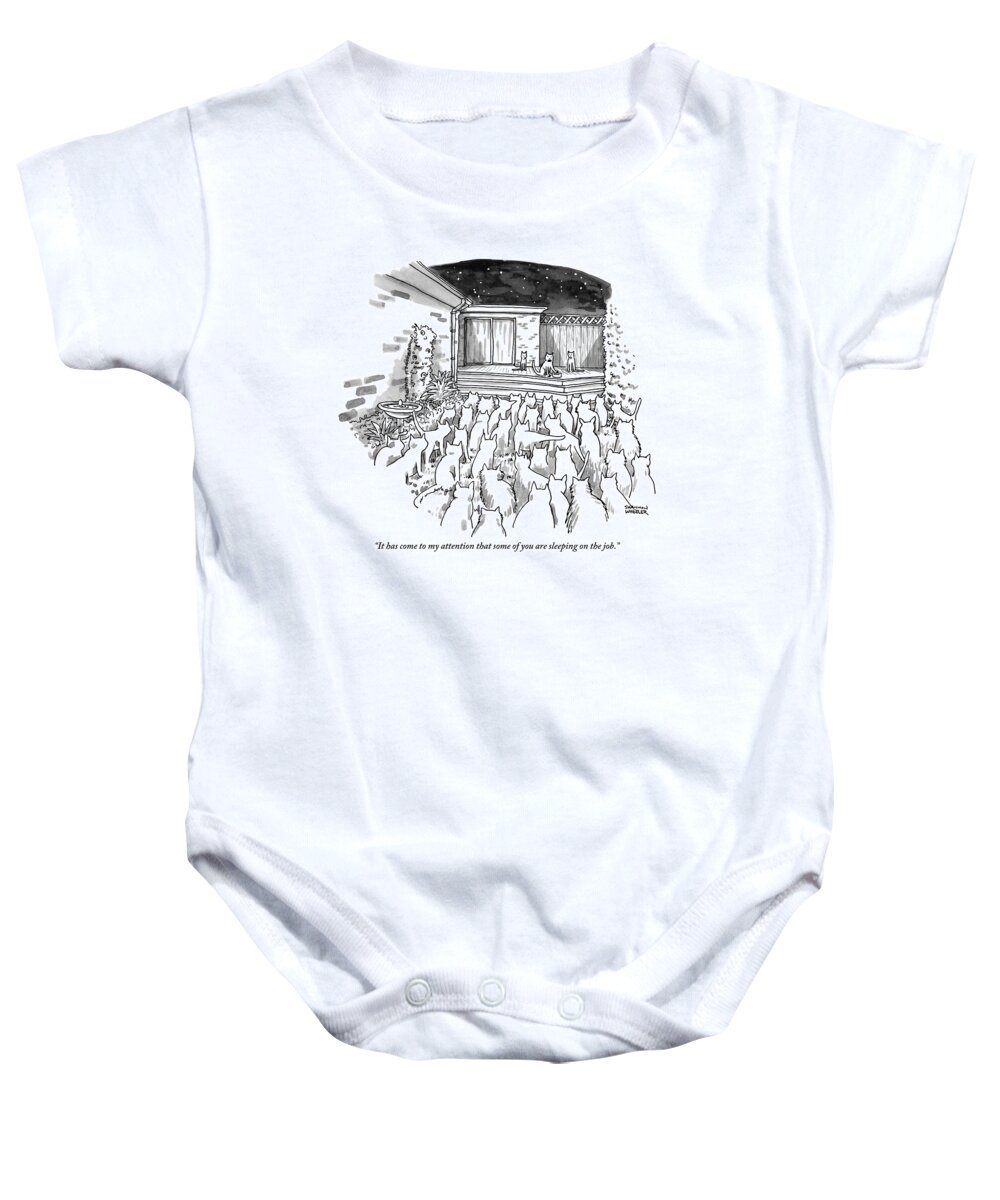 Cat Baby Onesie featuring the drawing An Assembly Of Cats In A Backyard Led By Three by Shannon Wheeler