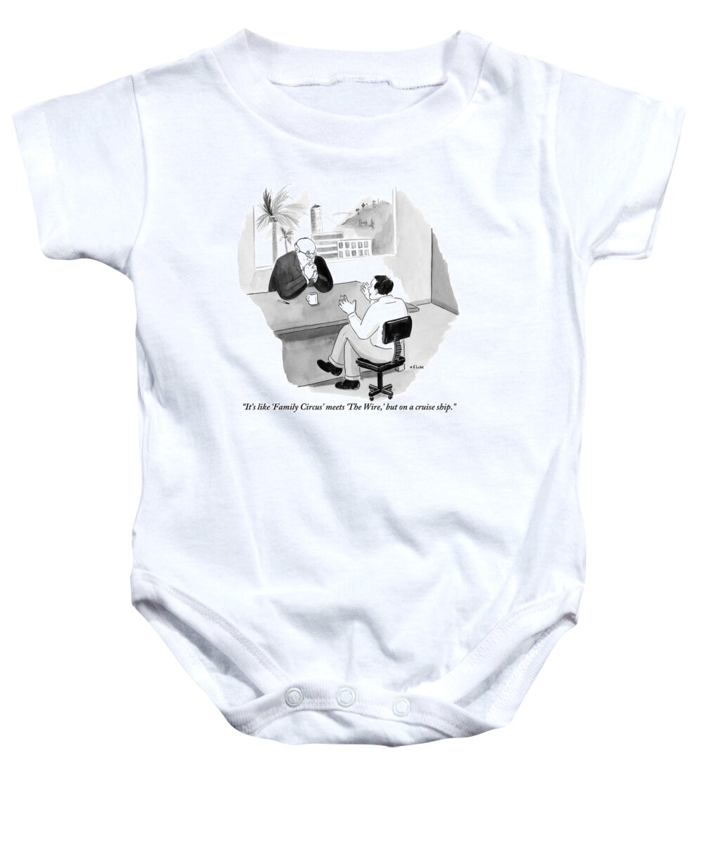 Hollywood Baby Onesie featuring the drawing An Enthusiastic Man Shares His Idea by Emily Flake