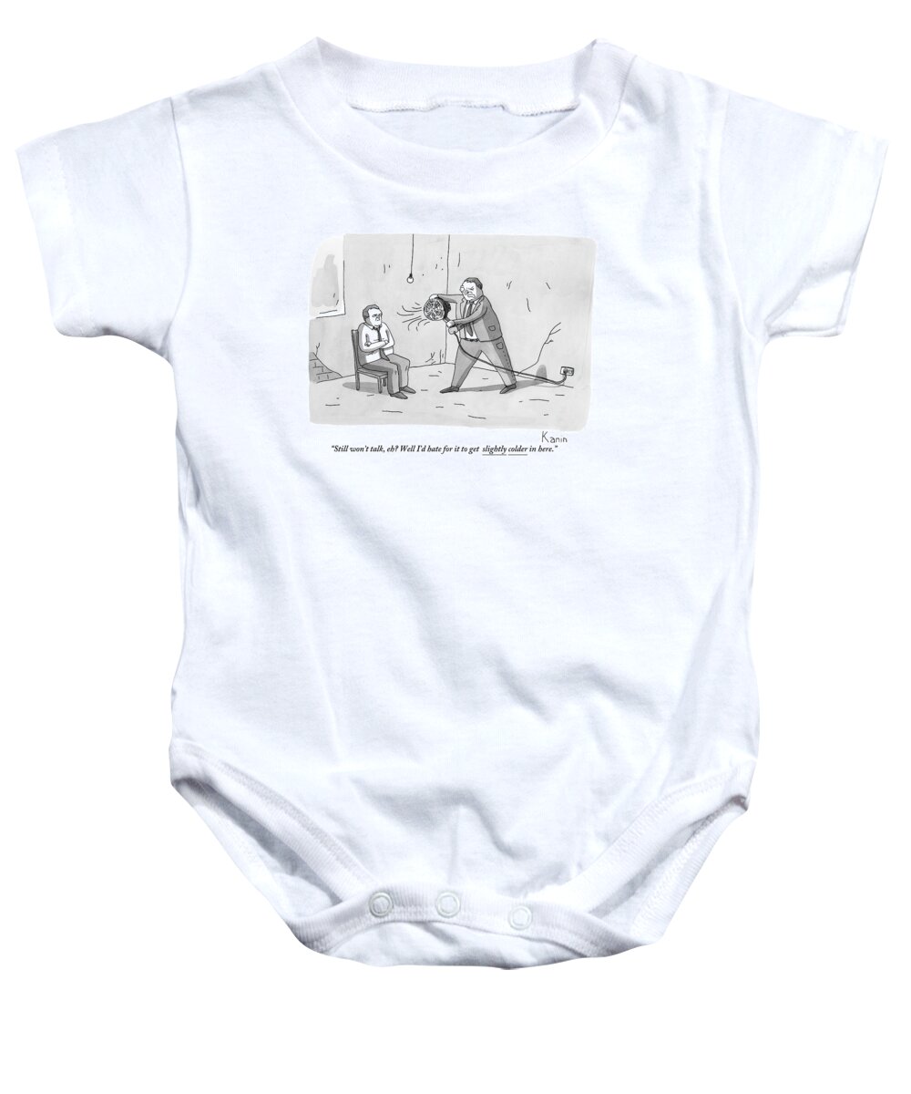 Interrogation Baby Onesie featuring the drawing An Interrogation Officer Points A Small Fan by Zachary Kanin