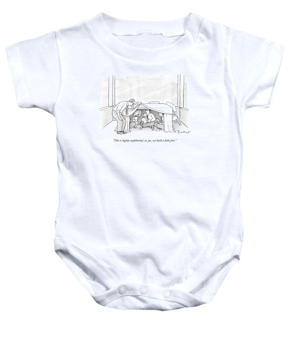 Office Baby Onesie featuring the drawing An Office Worker Lifts A Sheet And Finds Three by David Borchart