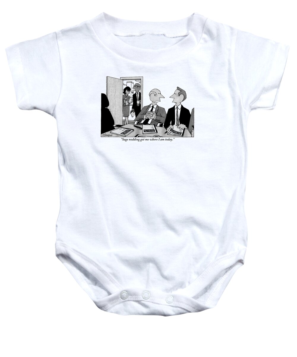 Meetings Baby Onesie featuring the drawing An Older Man Addresses A Younger Man At A Board by William Haefeli