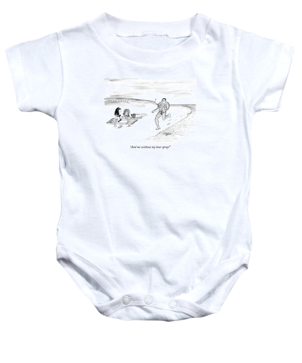 Bears Baby Onesie featuring the drawing And Me Without My Bear Spray! by Victoria Roberts