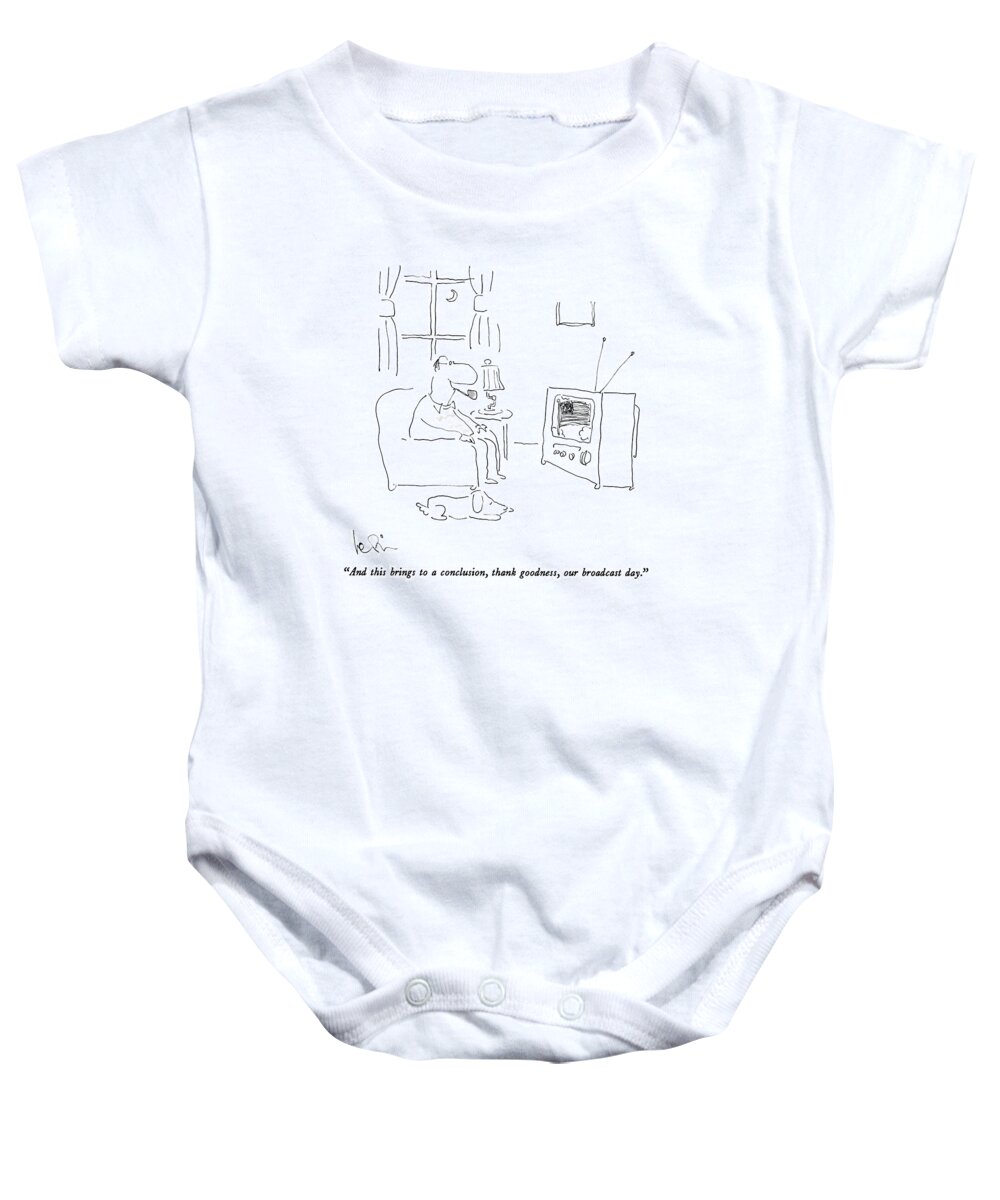 

 Man Sits In Front Of Television With Dog. 
Television Baby Onesie featuring the drawing And This Brings To A Conclusion by Arnie Levin