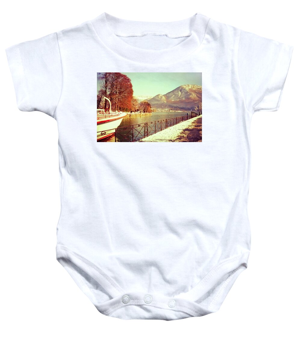 Winter Baby Onesie featuring the photograph Annecy Golden Fairytale. France by Jenny Rainbow
