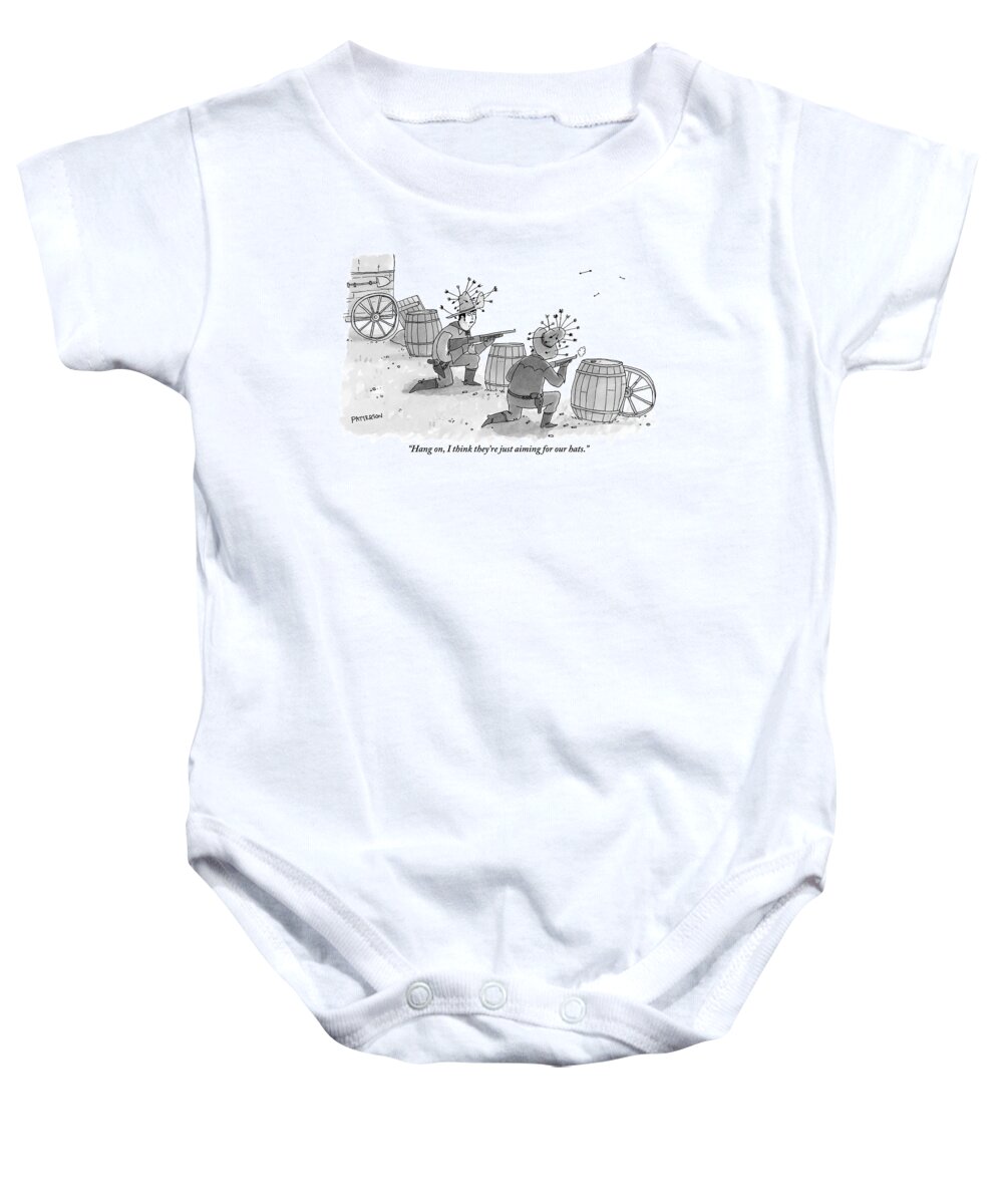Cowboy Baby Onesie featuring the drawing Arrows Fly In Their Direction While Two Cowboys by Jason Patterson