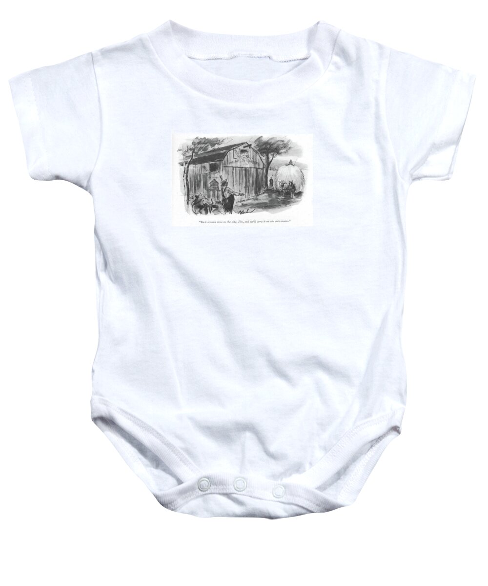 112788 Pba Perry Barlow Farmer To Man With A Wagon Full Of Hay. Agriculture Animals Barn Box Chickens Country Countryside Cows Farm Farmer Farming ?eld Full Hay Livestock Man Of?ce Rural Theater Wagon Baby Onesie featuring the drawing Back Around Here To This Side by Perry Barlow