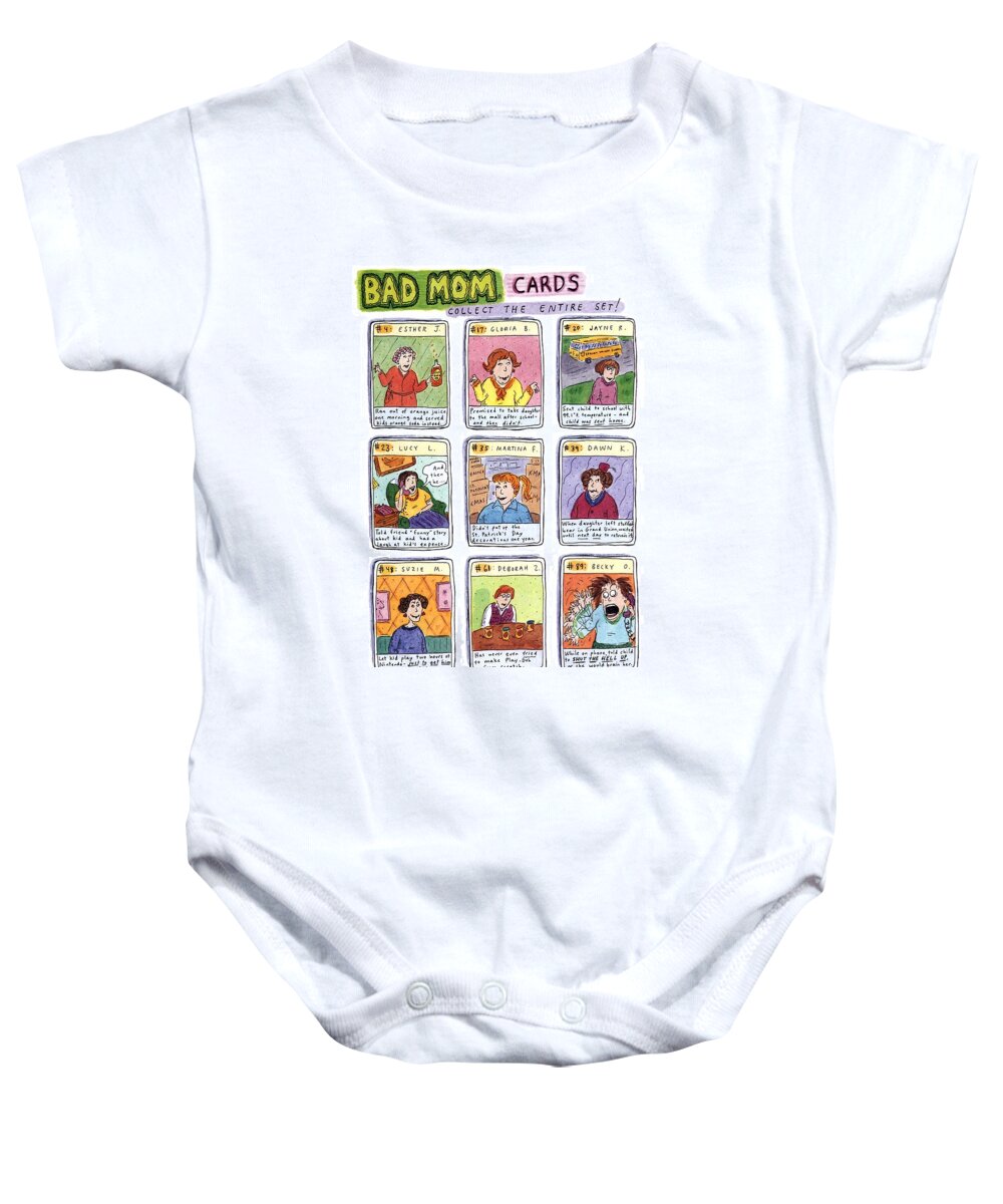 Title: Bad Mom Cards Baby Onesie featuring the drawing Bad Mom Cards Collect The Whole Set by Roz Chast
