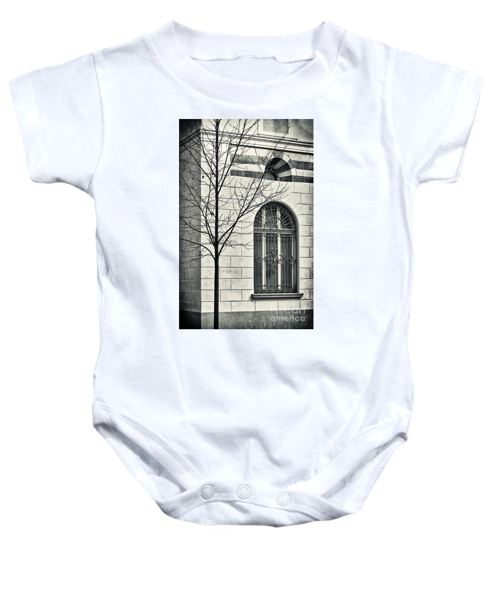Black And White Baby Onesie featuring the photograph Bare tree with window by Silvia Ganora