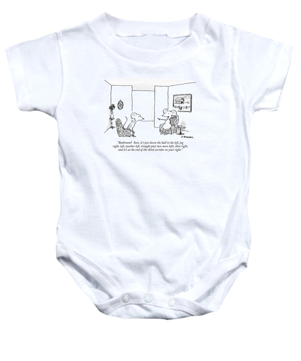 Mazes Baby Onesie featuring the drawing Bathroom? Sure by Pat Byrnes